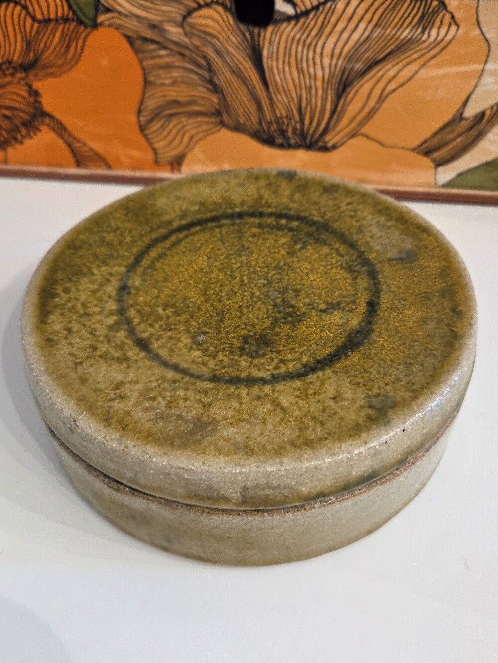 Vintage Handmade Round Lidded Divided Green Pottery Box